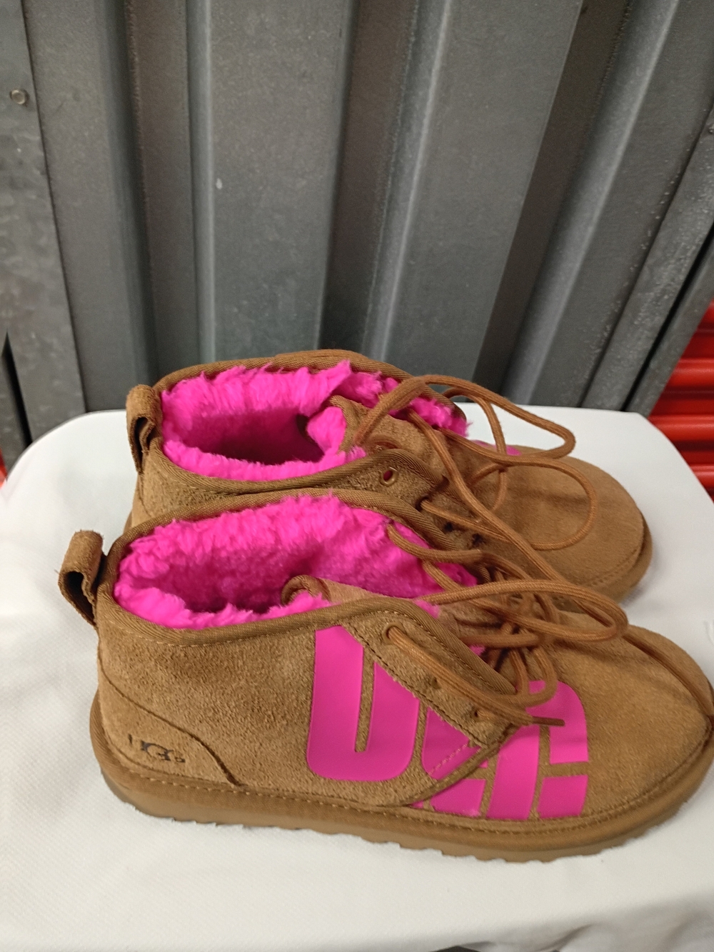 UGG Brown Suede Lace-Up Boots with Bright Pink Shearling